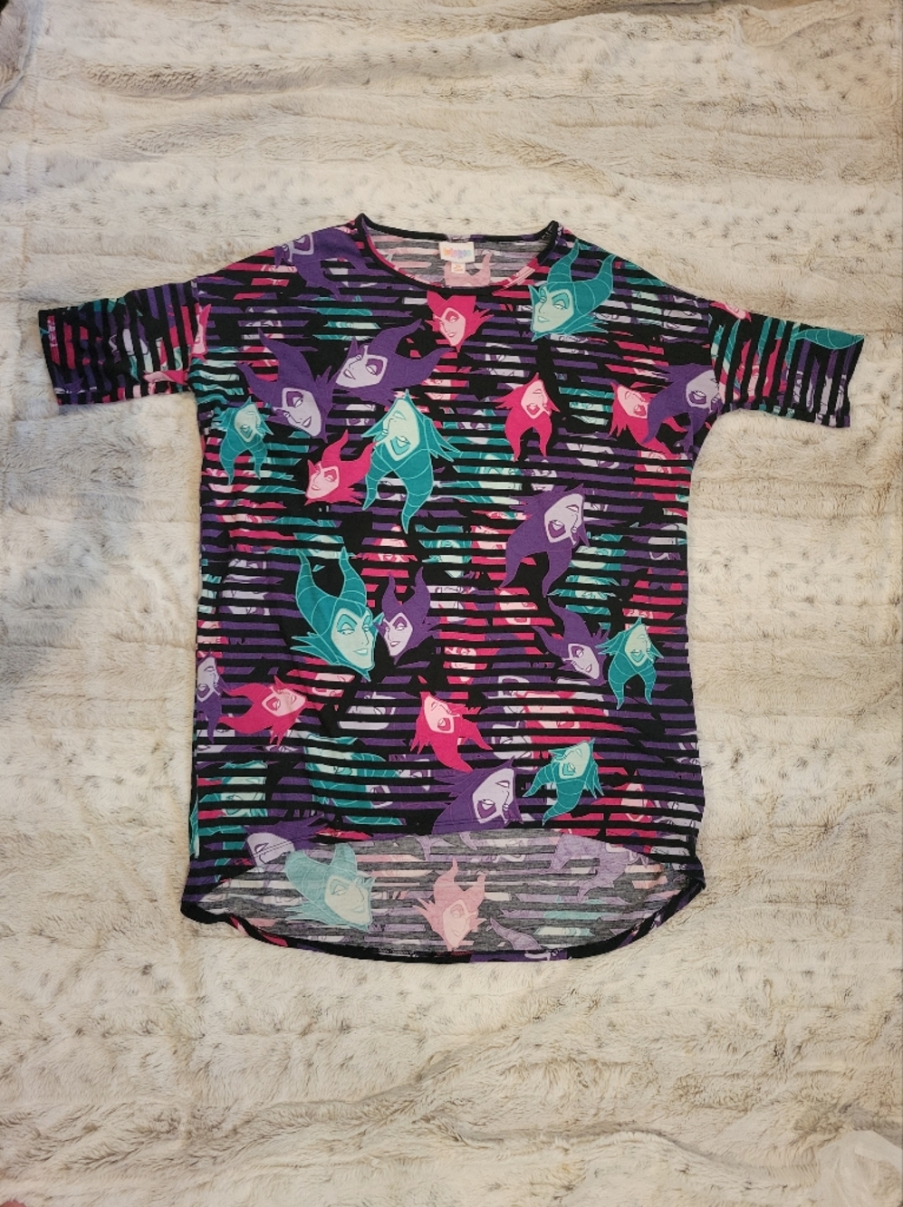 LuLaRoe Malificient Black Tee with Teal Purple and Pink Disney Motif
